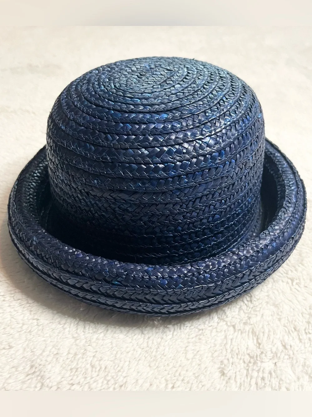 Vintage Navy Blue Braided Straw Rolled Brim Bowler Hat